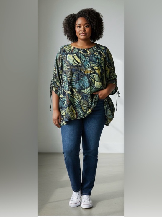 Tops - 3 Potato Abstract Leaf Print Tunic Top in Teal & Olive XL